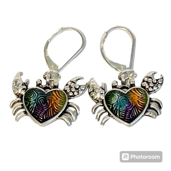 Crab Earrings Dangle Silver Plated Enamel Sea Life Beach Island Zodiac Cancer - Picture 1 of 10
